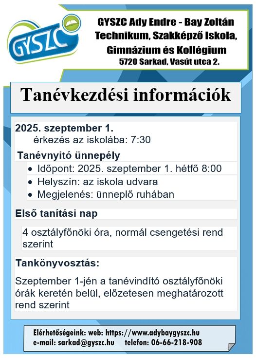 Tanévkezdési információk